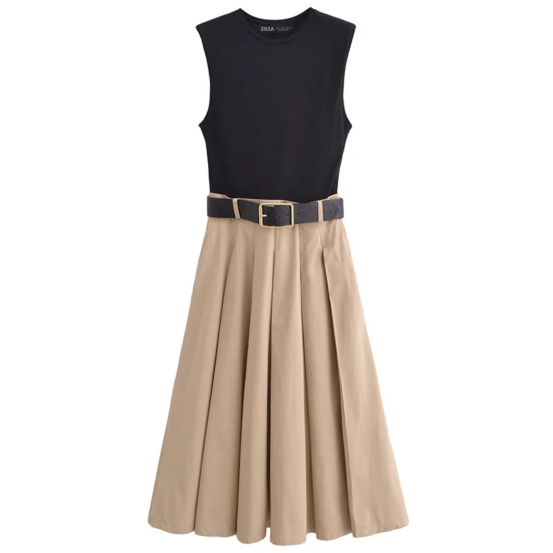 HXAO 2025 Woman Pleated Dress Women's Dress Summer O-Neck Sleeveless Long Dresses Patchwork Belt Vestidos Fashion Resort Dresses