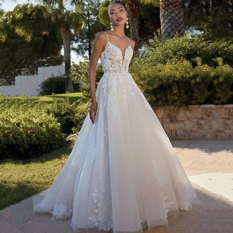 

Flavinke Elegant Wedding Dresses Women Sweetheart Lace Applique Tulle Spaghetti Straps Bridal Ball Gown Vestidos De Novia 2024