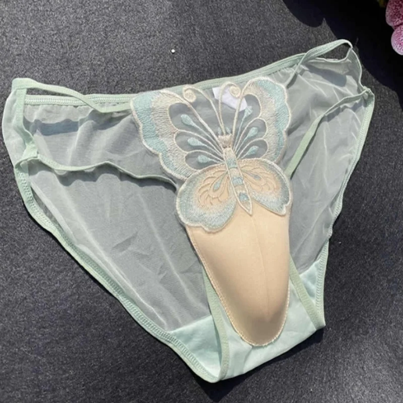 

Men's Sexy Lace Underwear Low-Waist Mesh Hollowed Sheer Butterfly Embroidery Sissy Underpants lingerie CD Cross-dressing Briefs