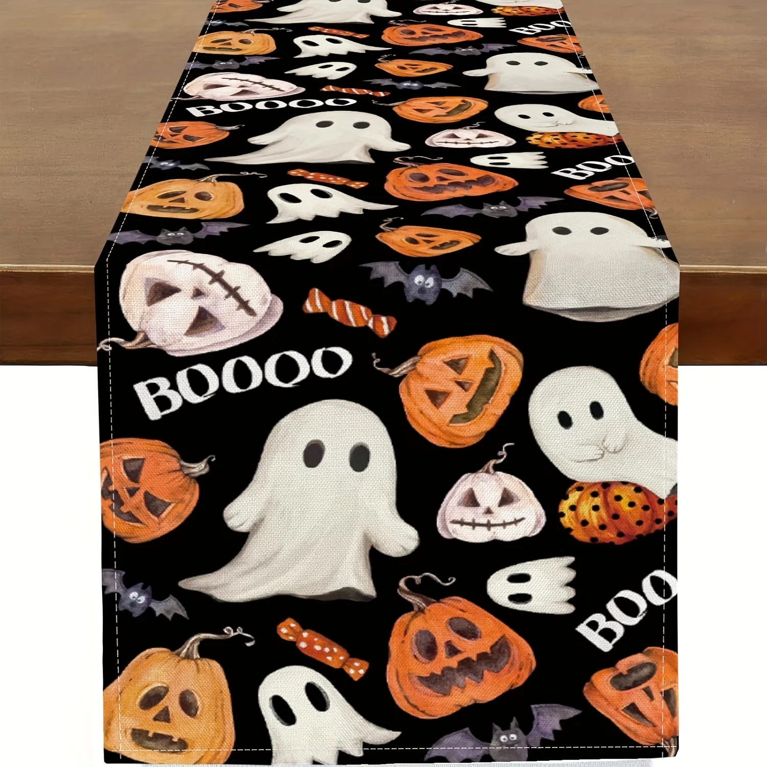 Halloween Linen Table Runner Spooky Pumpkin Ghost Bat Pattern Rectangular Dining Table Decor Farmhouse Home Holiday Party Decora