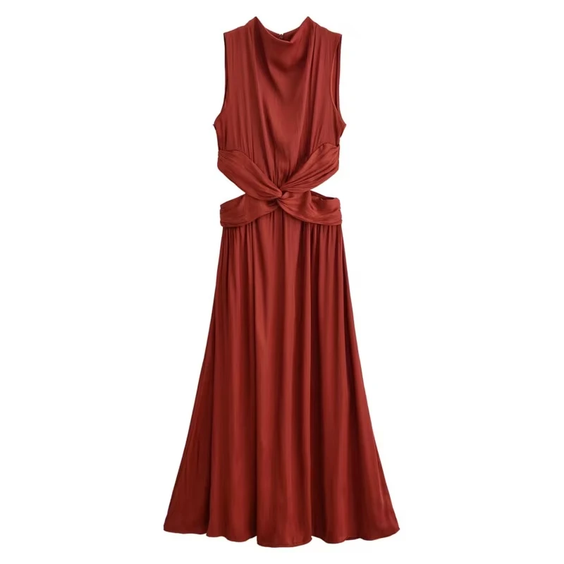 

Midriff-baring Dress Women Spring Sleeveless Opening Design Silk Texture Female Midi Dresses Lady Chic Party Dresses