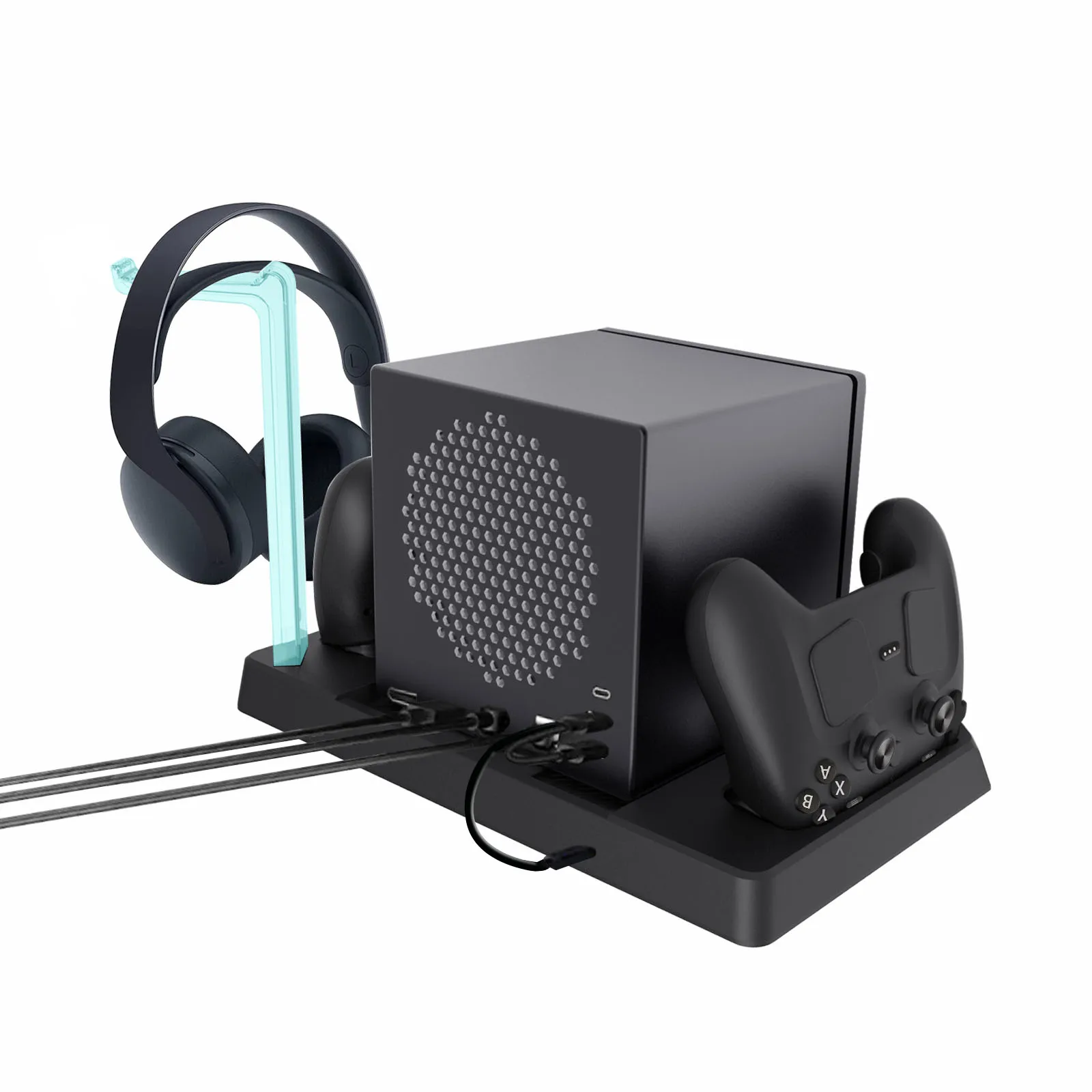 Charging Dock for Steam Machine, 3-Speed Cooling Fan & RGB Light, Dual Controller Charger, USB Hub & Headphone Stand