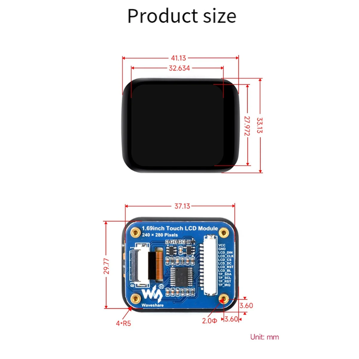 1.69 Inch Touch LCD Module 240x280 SPI I2C Interface