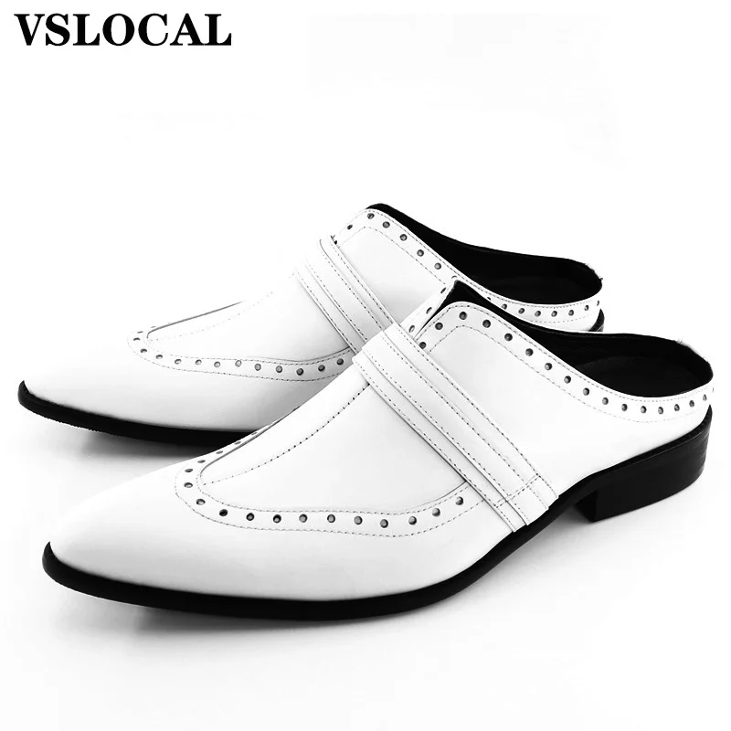 

Luxury Brand Men's Mules Half Shoes Black White Pointed Toe Casual Dress Men Summer Shoes Comfortable Leather Shoes Men