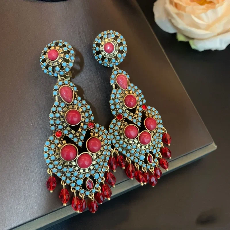 Fashion light luxury Bohemian style exaggerated heavy industry earrings long design elegant advanced sense ear clip