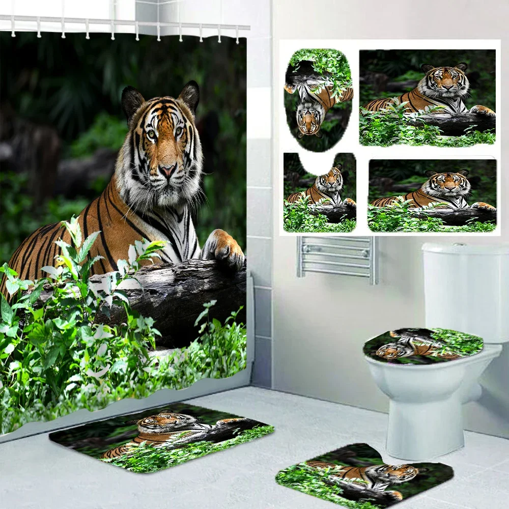 

1/4 Forest Tiger shower Curtains, Toilet Seat Decoration, Shower Curtain with Carpet and Toilet Lid, 12 70.8x70.8 inch Hooks