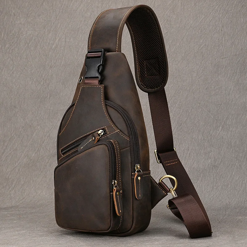 

New Crazy Horse Leather Chest Bag for Men's Casual Retro Diagonal Cross Bag, Genuine Leather Shoulder Bag, Outdoor Leisure Bag