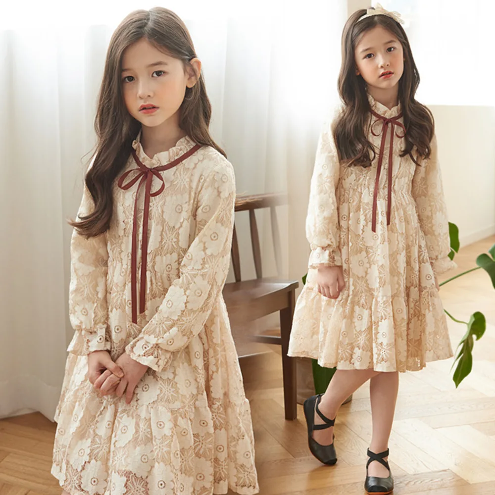 

Girls New Spring And Autumn Dress Elegant 2022 Children's Style Foreign High-grade Solid Beige Frocks Floral Quinceanera Dresses