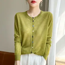 Simplicity Casual Summer Solid Women's O-Neck Single Breasted Screw Thread Fashion Casual Loose Long Sleeve Cardigan Knitted Top