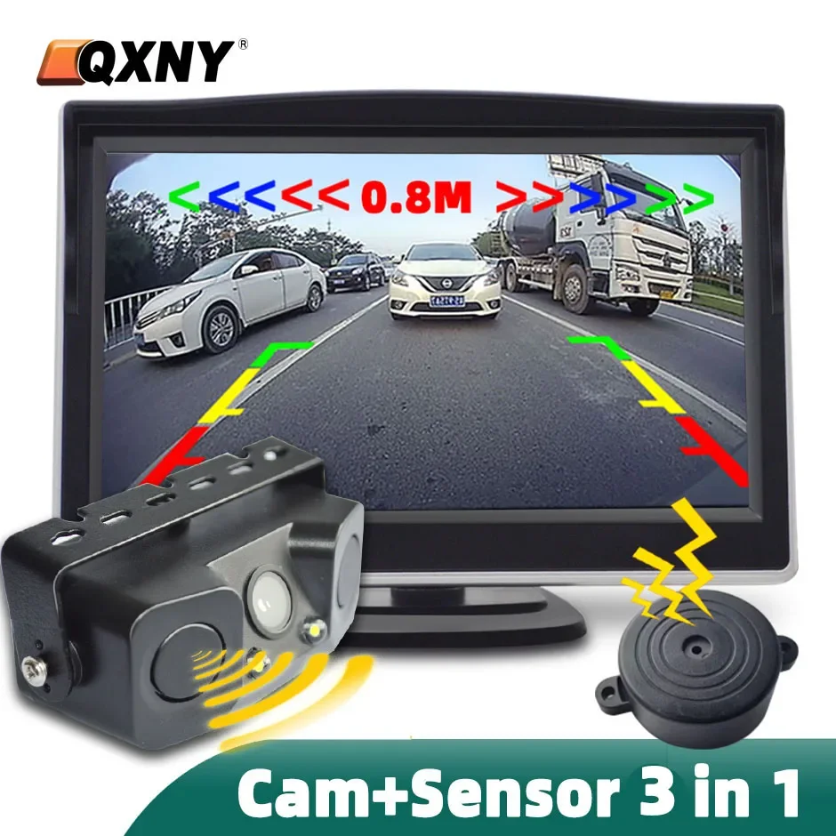 

3 In 1 Backup Reversing Camera Parktronic Car Video Parking Sensor Kit Radar Visible Display 4.3in/5in Monitor System Alarm