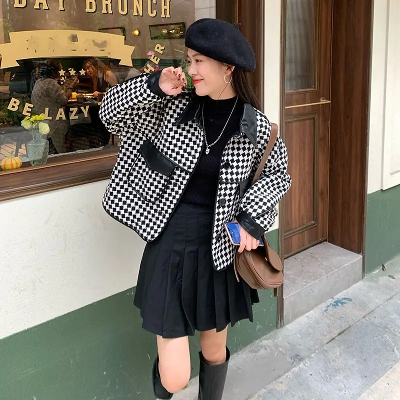 Women's Coats Autumn Winter Thick Warm Plaid Patchwork Jacket Korean Lady Fashoin Joker Outerwear Female 2022 Clothing