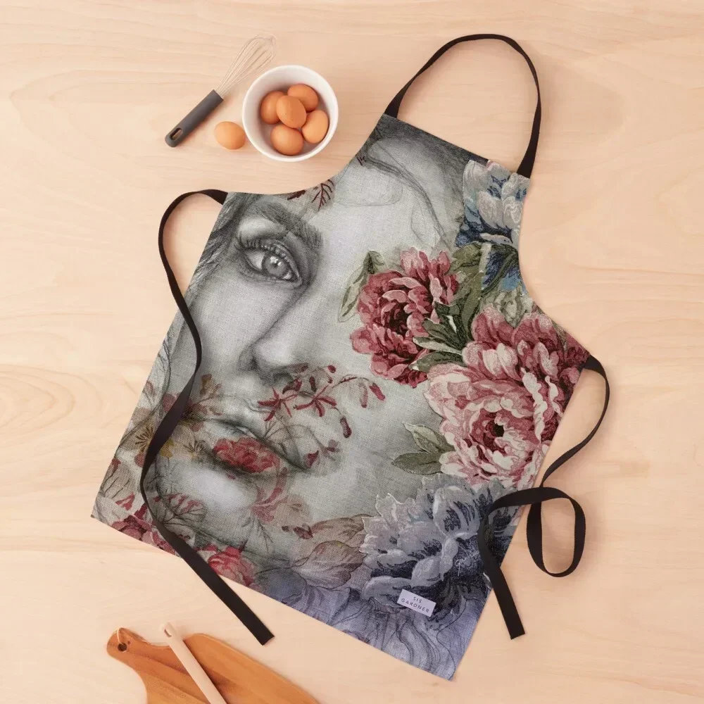 

Kakara' illustration of a women with blue/red flowers Apron For Nail Stylist Customizable Woman Kitchen For Man Haircut Apron