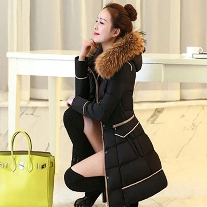 Women Hooded Korean Down Cotton Jacket Female Korean Slim Down Cotton Coat Medium-Length Imitation Raccoon Wool Collar Cardigan