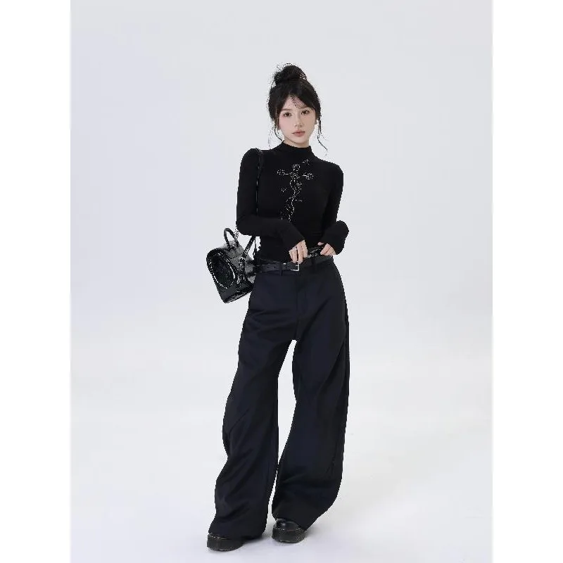 Deeptown Vintage Black Youthful Woman's Pants Spring Harajuku Luxury Office Lady Slacks Streetwear Coquette Wide Leg Trousers