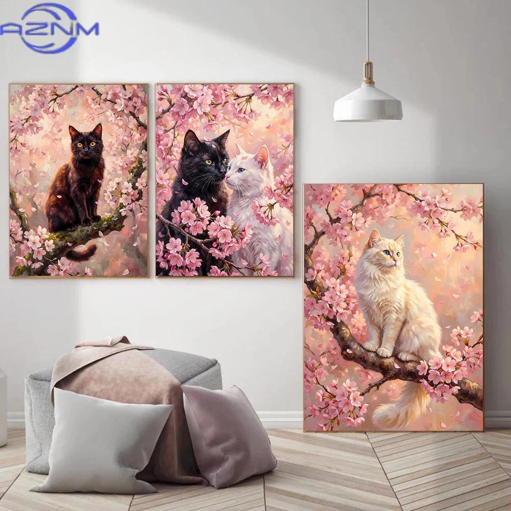 AZNM Romantic Classic Cat in Cherry Blossom Tree Posters Love Cats Modern Prints Canvas Painting Wall Picture Home Living Room D