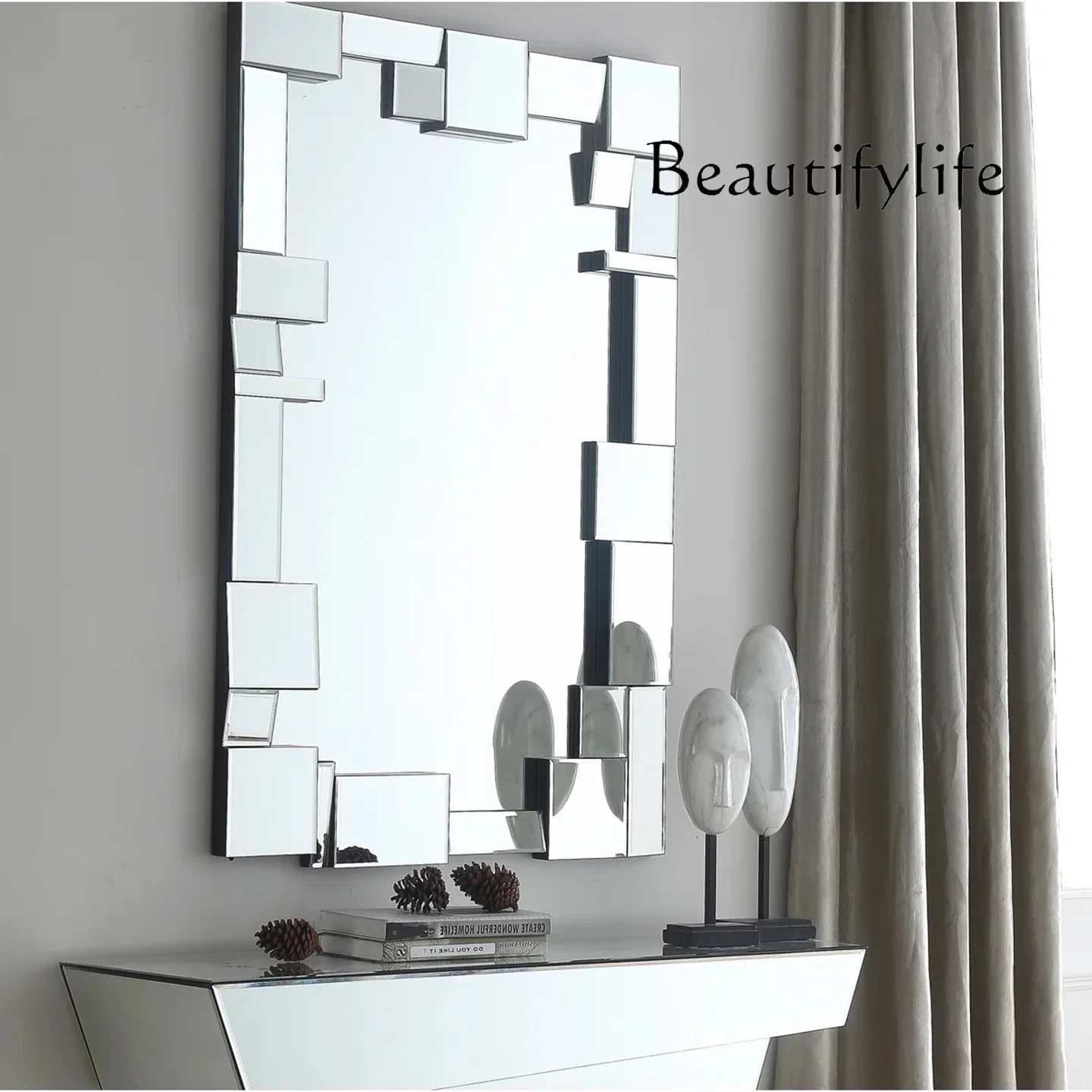 Q European light luxury bathroom mirror square bathroom washstand makeup mirror wall-mounted entrance decorative mirror