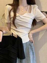 여름 순수한 욕망 스타일 스퀘어 칼라 반팔 티셔츠 여성 패션 슬림핏 불규칙한 길이 탑 한국어 버전