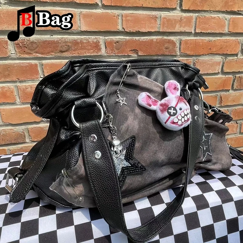 Y2K Vintage Large Capacity Handbag tote Harajuku Women Girl Punk Canvas Splicing Single Shoulder underarm Bags Messenger bags