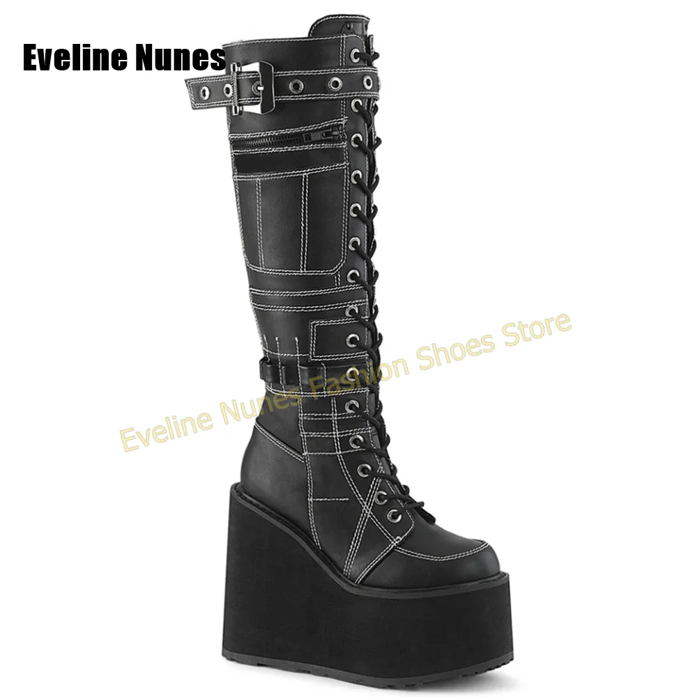 Punk Platform Knee High Platform Round Toe Wedge White Stitching Multi Buckle Straps Side Pocket Zipper Lace Up Gothic Y2K Shoes