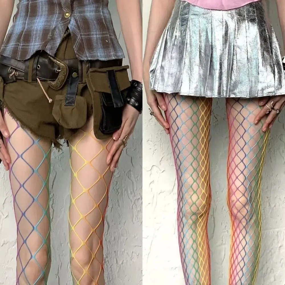 

Милые крутые допаминовые радужные ажурные чулки Y2K с градиентной сеткой, ажурные колготки с высокой талией, сексуальные колготки, пикантные девушки