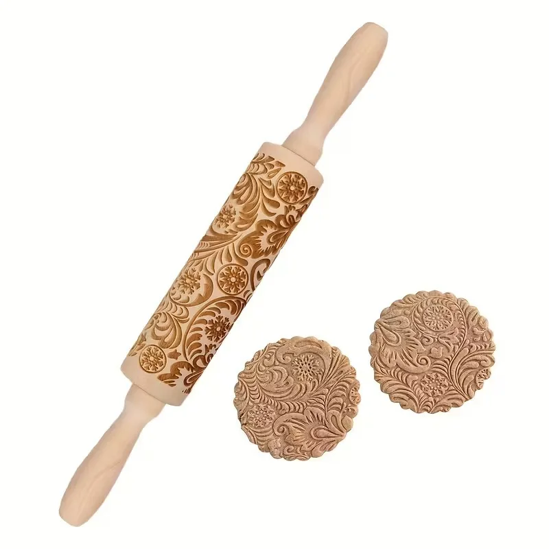 Christmas Snowflake Viner Engraved Wooden Rolling Pin Natural Holiday Baking Tool for Thanksgiving Cookies Kitchen Decor Gift