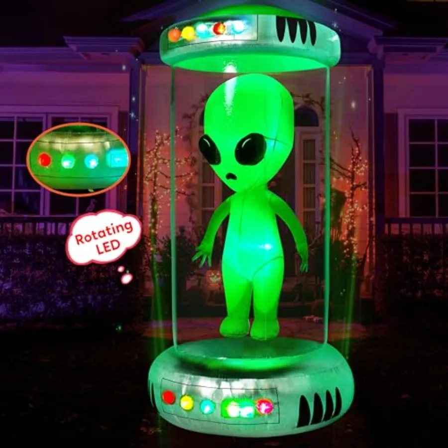 7 ft Tall Halloween Inflatable Outdoor Decoration: Alien with Animated LEDs, Green PVC, for Yard Garden Lawn Decor