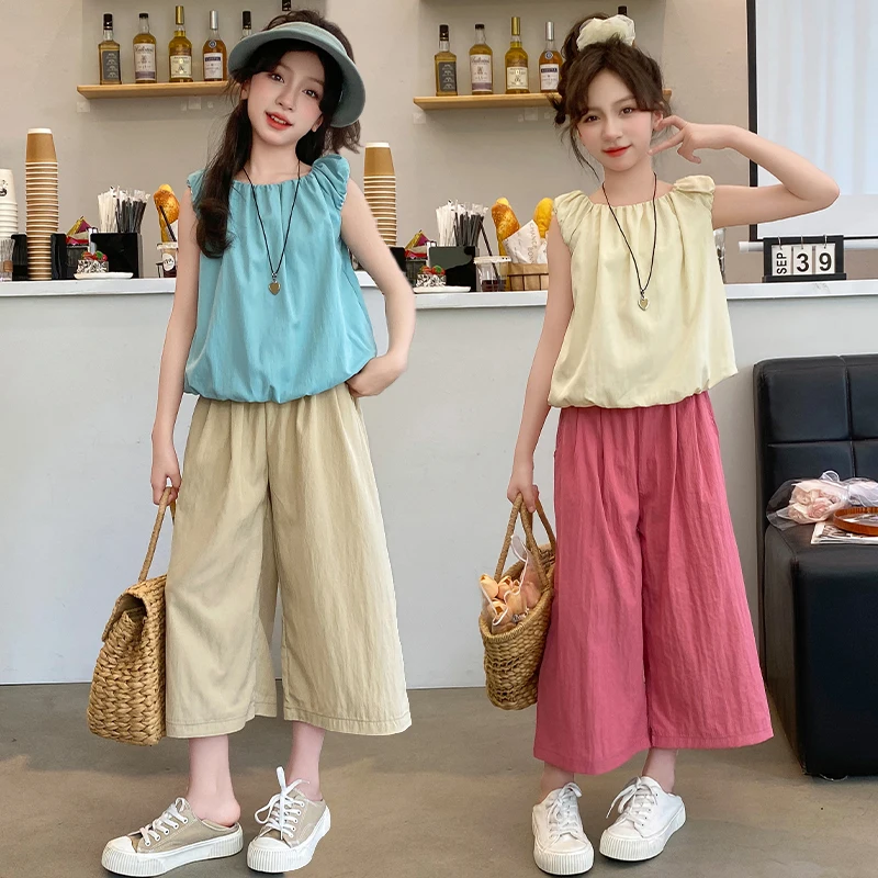 Girls Sleeveless Blouses Sweet Loose French Style Solid Age-reducing Summer Fashion All-match Backless Children Clothes Set