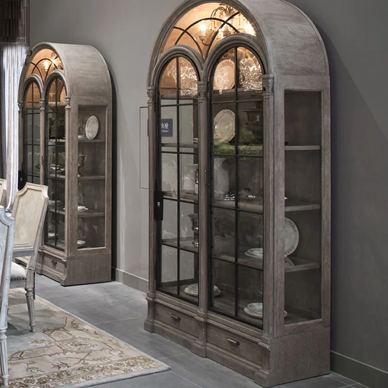 

Solid wood wine cabinet dining side cabinet decorative cabinet architectural revival arched bookcase