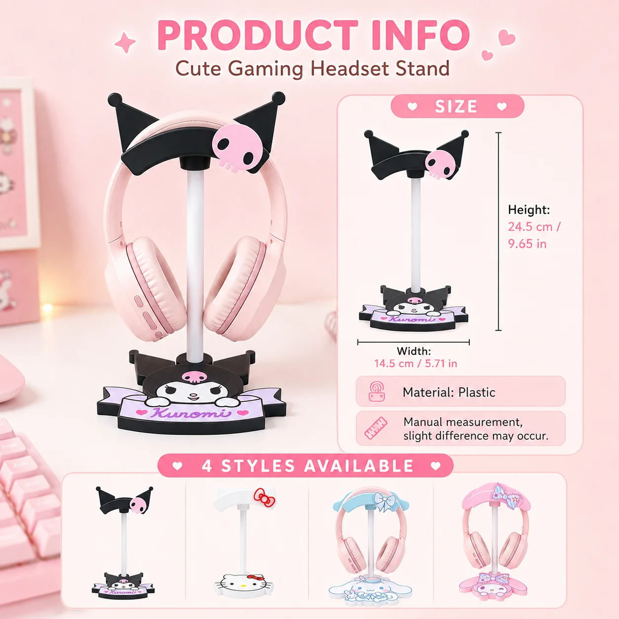 Sanrio Cute Gaming Desk Headset Holder Cinnamoroll Desktop Headphone Holder My Melody Kawaii Headphone Rack Cartoon Room Decor - view 6