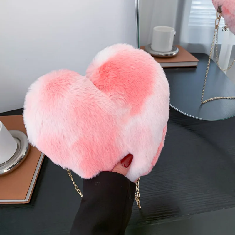 Heart Shape Bag Fluffy Chain Coin Wallet Women's Handbag and Crossbody Sling Purse Luxury Designer Brand Cute Evening Clutch