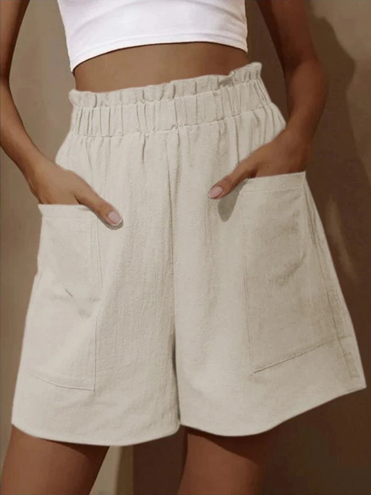 Shorts casuais soltos de tamanho grande para mulheres, calças largas de cintura alta, cor sólida, verão, novo