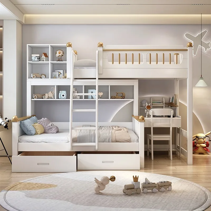 All solid wood bunk beds, sibling bed types, staggered bunk beds, bed top, bed, and bottom table
