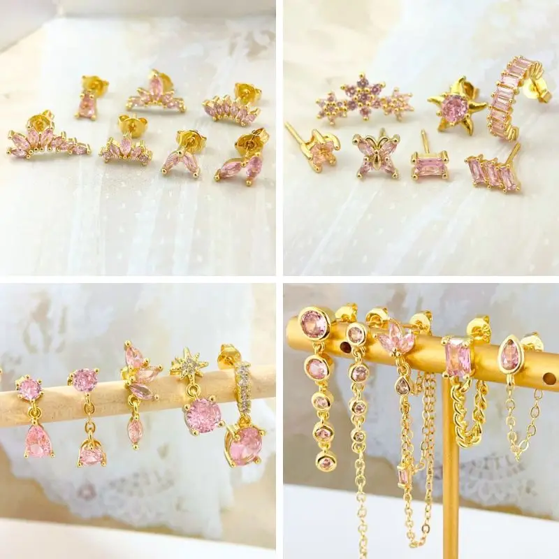 أقراط مرصعة بقلب كريستالي وردي للنساء ، أقراط ثقب هندسية ، إبرة فضة إسترليني ، أزياء فاخرة ، مجوهرات راقية