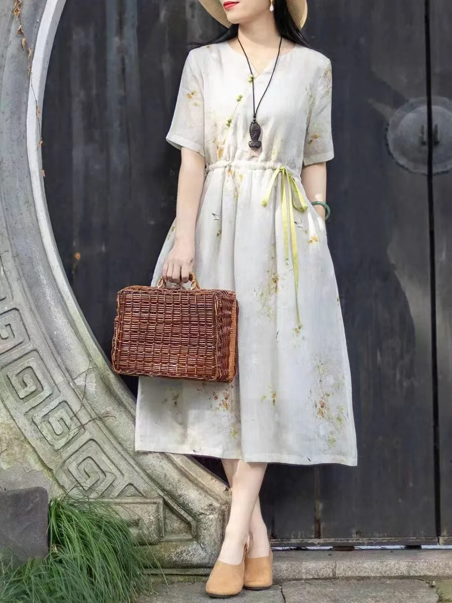 Summer New Chinese Style  Atmosphere Women's Cotton Linen Print Dress Drawstring Waist Slimming  Skirt