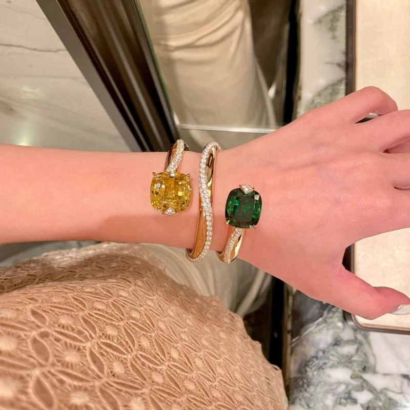 Bellux Lemon Green Grape Double Stone Bracelet 925 Silver Gold Plated Synthetic Zircon Square Three Layer Vine Bangle