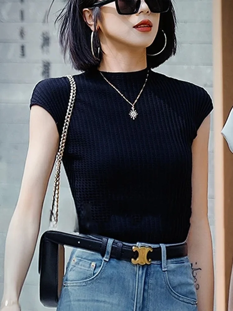 

Simple Ice Silk Knitted Top Slimming Color Inner Wear Overhead Base irt Summer ort Sve Commute Faion Women's K...