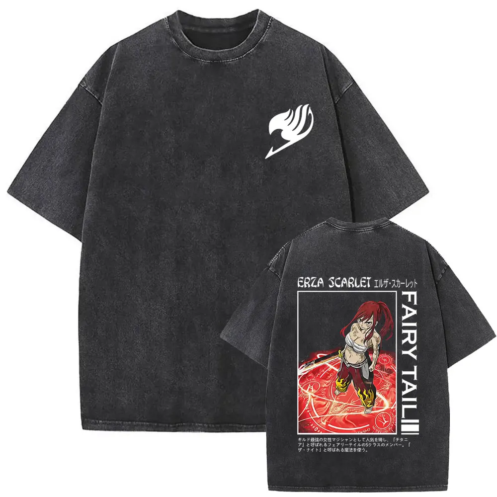 Anime Fairy Tail Vintage Washed T-shirt Cartoon Erza Scarlet Graphic T Shirt Men Women Manga Retro Streetwear Oversized T-shirts