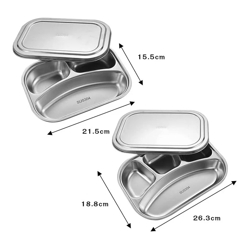 3/4 Section 304 Stainless Steel Divided Dinner Tray Lunch Container Food Plate for School Canteen Fast Food Adult Lunch Box