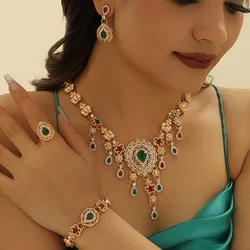 5pcs/set Hollow Out Dangle Earrings + Ring + Necklace + Bracelet Bollywood Vintage Style Jewelry Set 14k Gold Plated Paved Rhine