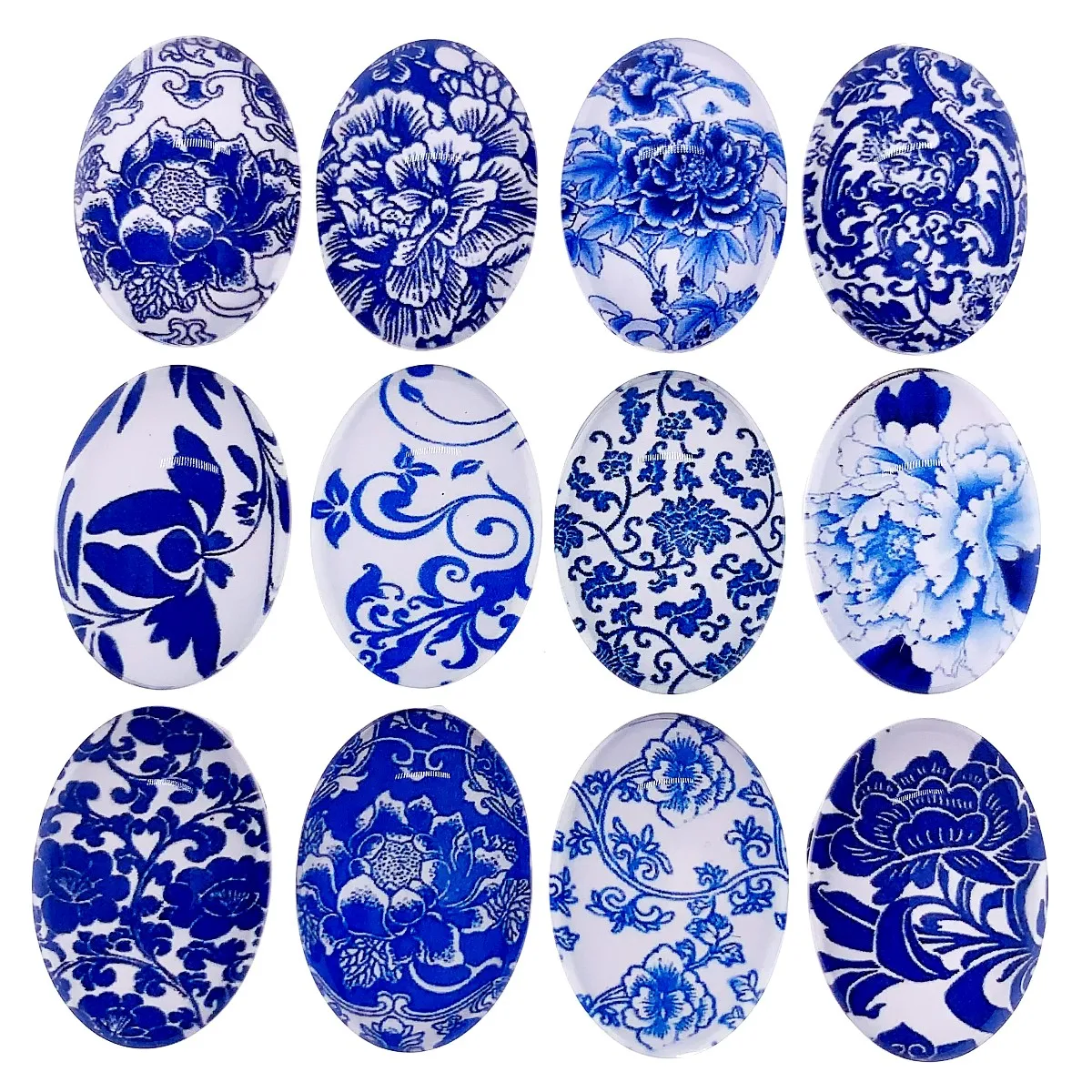 13x18mm 18x25mm 30x40mm Random Mixed Blue and White Porcelain Oval Glass Cabochon Flatback Photo DIY Earrings Accessories