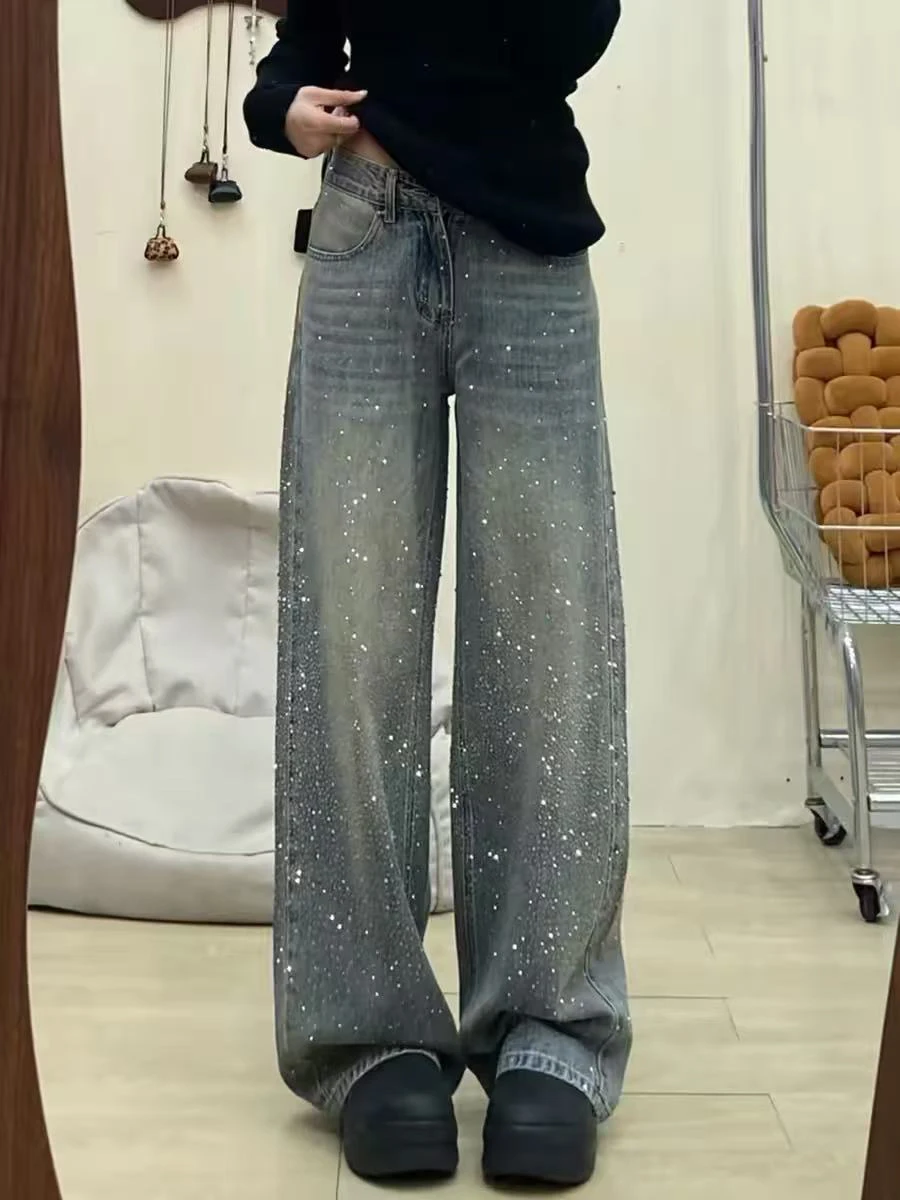 

Retro Large Size Rhinestone Denim Pants Women's Spring Loose High Waist Slim Straight Leg Wide Leg Pants Pear Body Shape