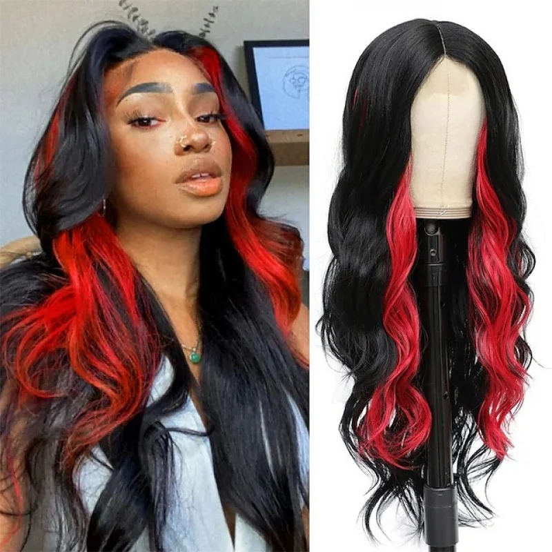 

Европейский и американский стиль: женский парик с длинными волнистыми волосами, градиентный, двухцветный, синтетический, полностью закрашенный, красный и черный, с челкой по центру