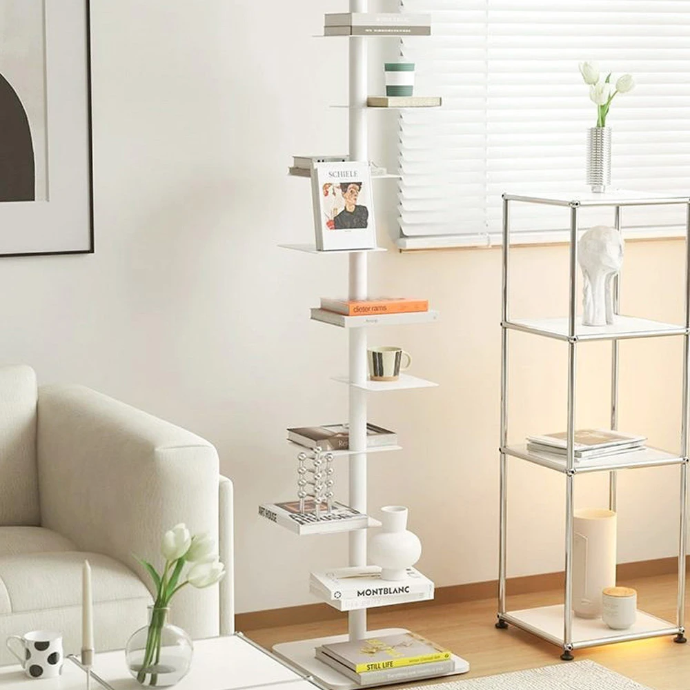 360 ° rotating bookshelf, 9/11 layer stainless steel floor-to-ceiling bookcase, powder coated metal storage display