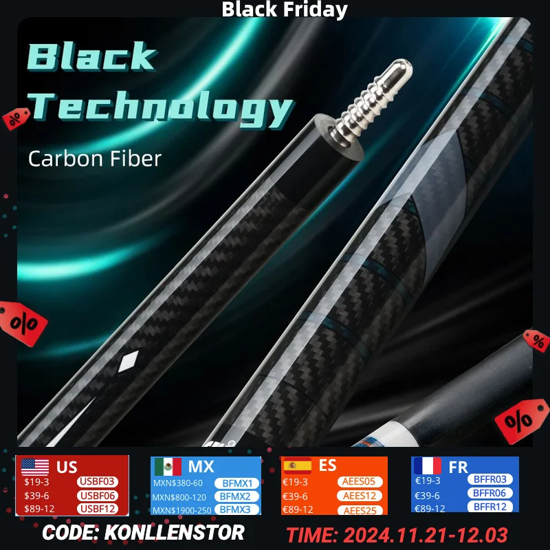 CRICAL CL-01 Carbon Fiber Pool Cue Stick Black Technology Low Deflection 12.4mm Tip 3 * 8/8 Joint Pin Professional 1/2 Billiard