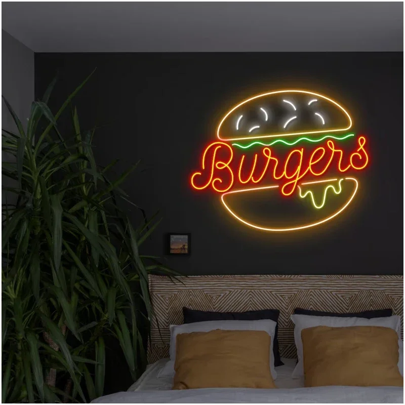 Hamburger Neon Sign Burger Neon Signs  Fast Food Custom Open Shop Neon Led Sign for Restaurant Kitchen Store Wall Decor Logo