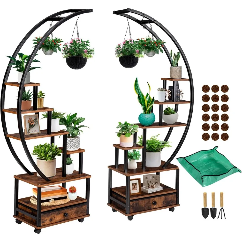 

Half Moon Indoor Plants Stand with Lockable Wheels, Plant Shelf with Drawer & Accessories, Plants Holder Display Rack,Plant Rack