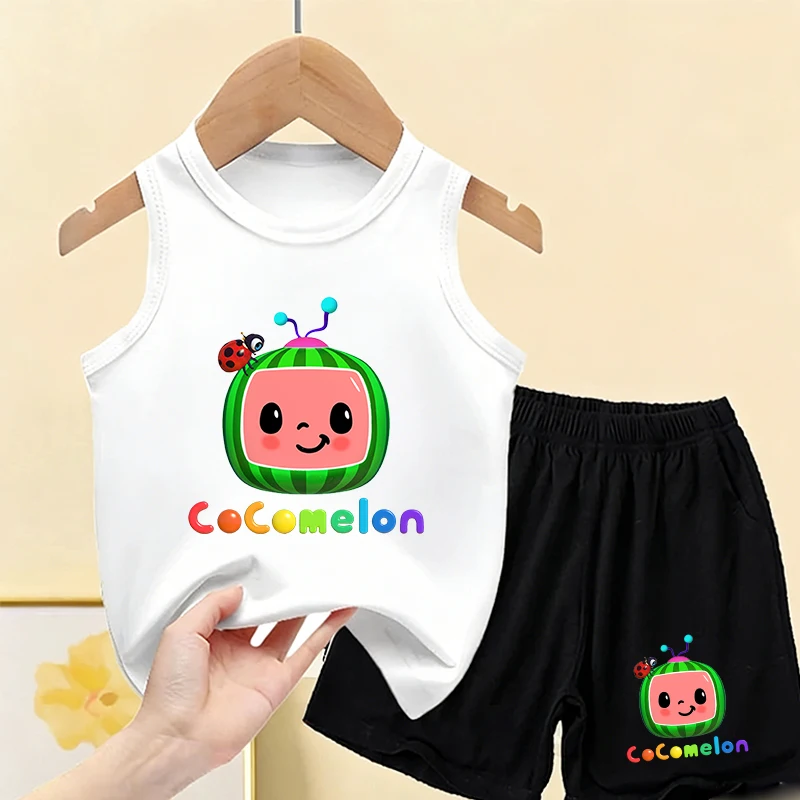 Conjunto de chaleco y pantalones cortos para niños de Cocomelon, conjunto de camiseta con figura de Anime para niño, ropa informal de manga corta con dibujos animados, camiseta para niño