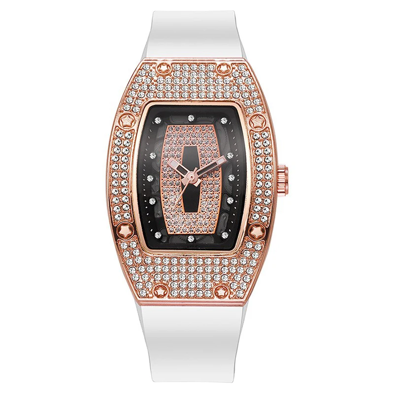 Women Tonneau Rose Gold Quartz Watches Full Rhinestone Inlay Dial Silicone Strap Fashion Ladies Analog Watches