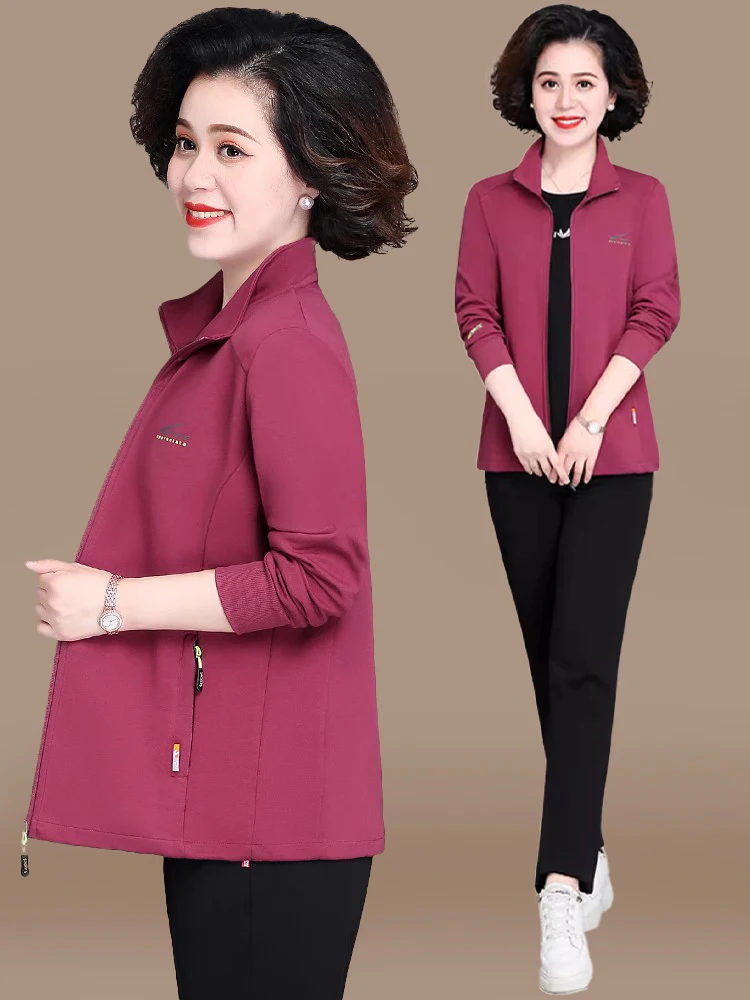 

Повседневный спортивный костюм для женщин среднего возраста: комплект из двух предметов (верхняя одежда и брюки) на весну-осень, модный, с длинными брюками на молнии.