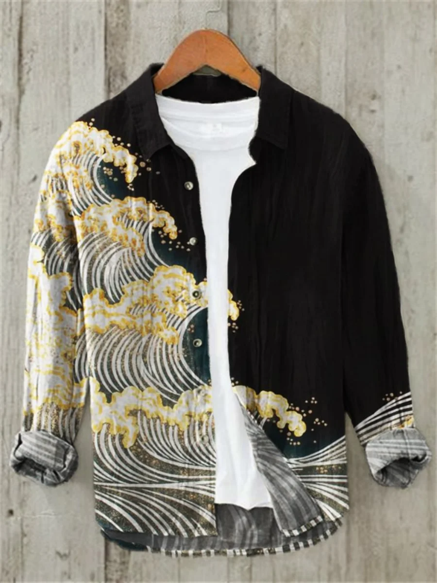 2025 new retro Hawaiian men's fish pattern linen printed long-sleeved shirt, casual blouse, fashion loose and breathable